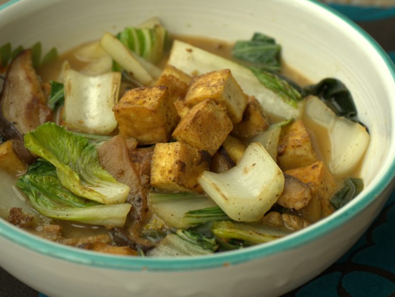 Vegan miso soup with tofu and bok choy