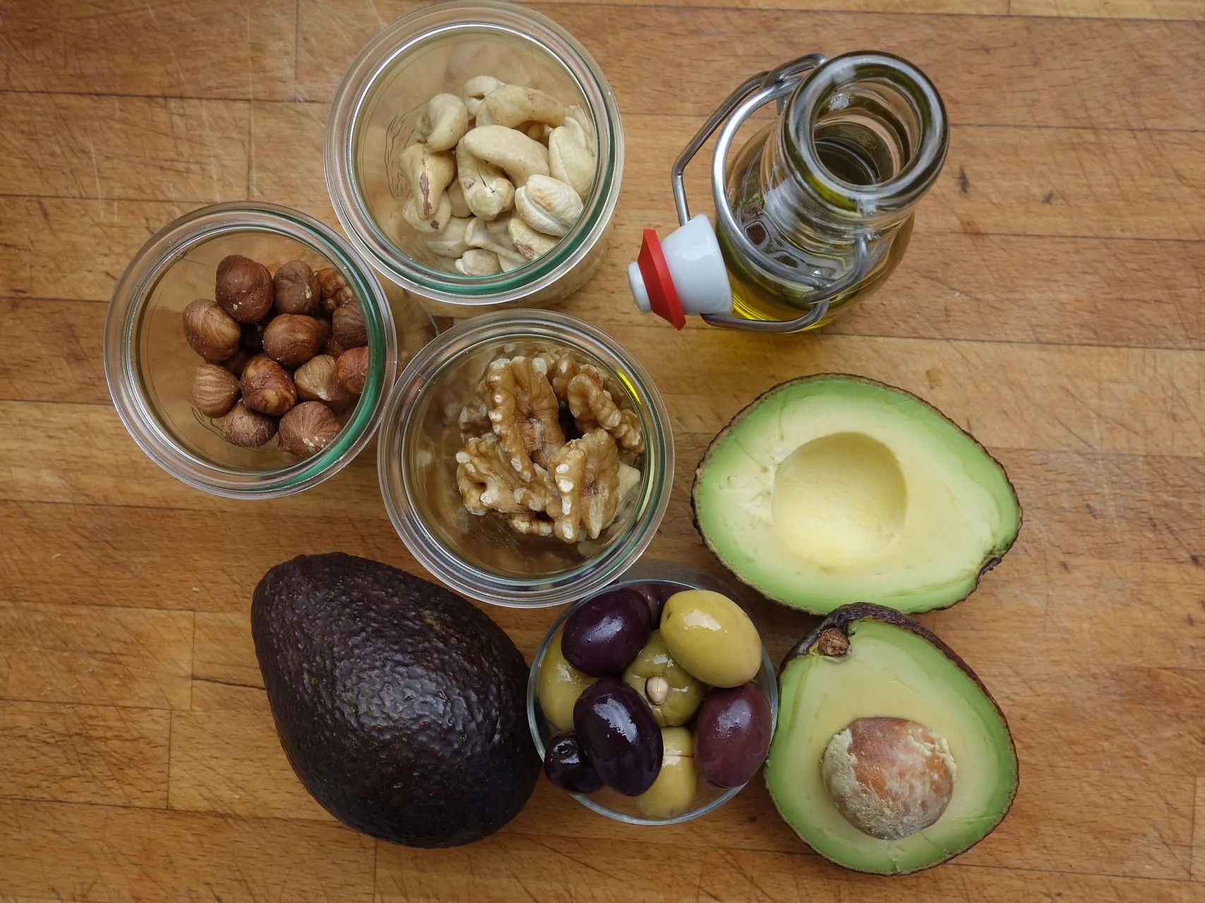 Nuts, avocado, olives, oil