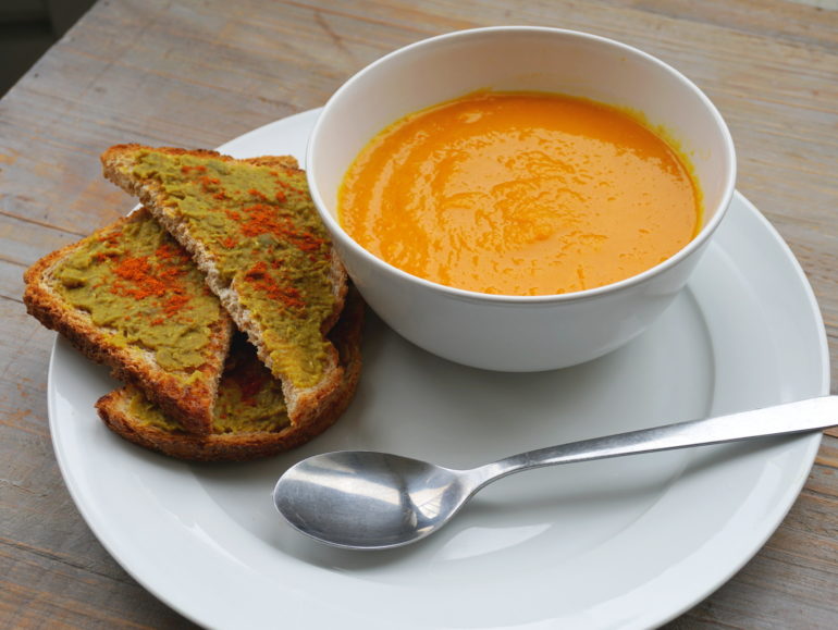 Carrot soup, lentil curry spread, vegan